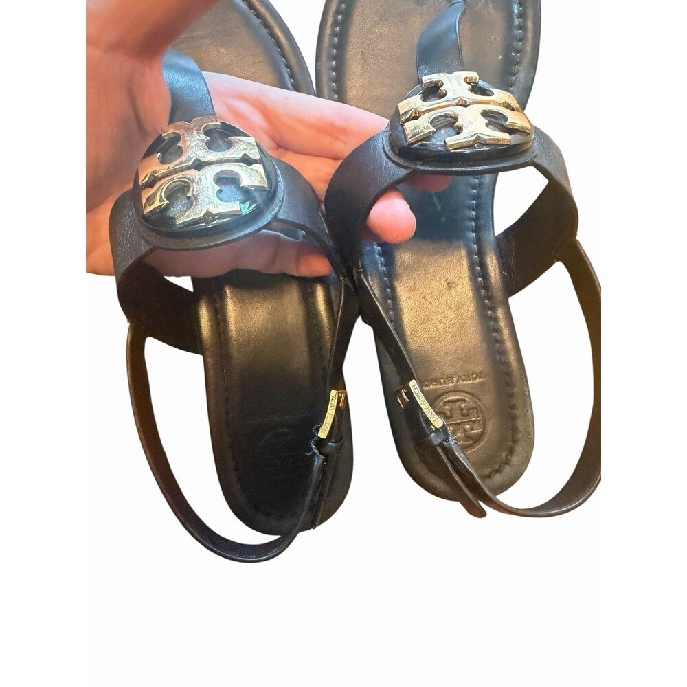 Tory Burch Bryce Logo Black Leather Sandals Flat Thong Flip Flop 9 Womens Summer - Picture 4 of 10